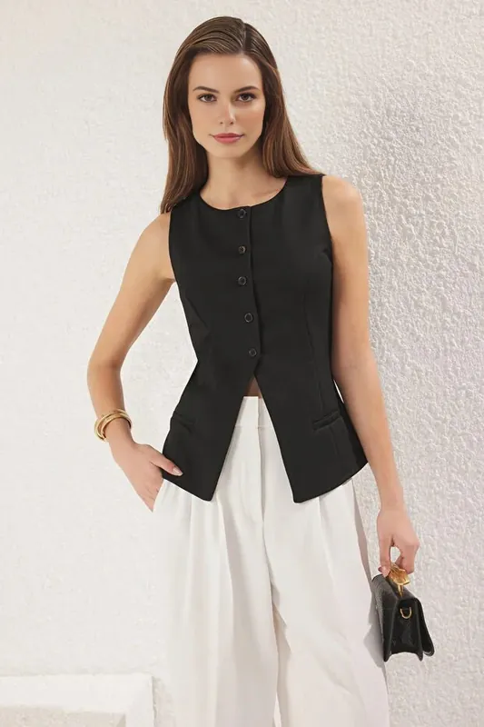 Tailored Button Front Knit Waistcoat with Welt Pocket Detail - WOVCOR