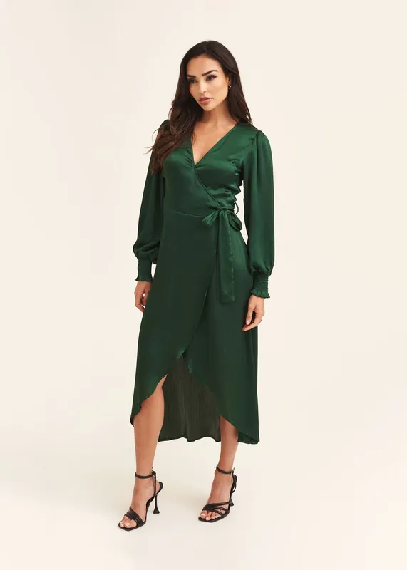 Green Satin Wrap Midi Dress - Gini London