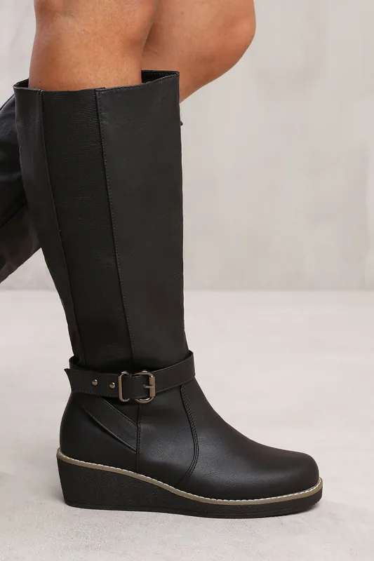 Jacinta' Wedge Heel Knee High Boots With Elastic Panel - Where's That From