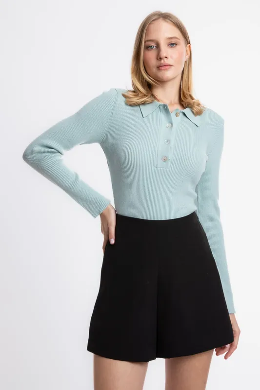 Solid Polo Collar Ribbed Casual Sweater - Hiccup