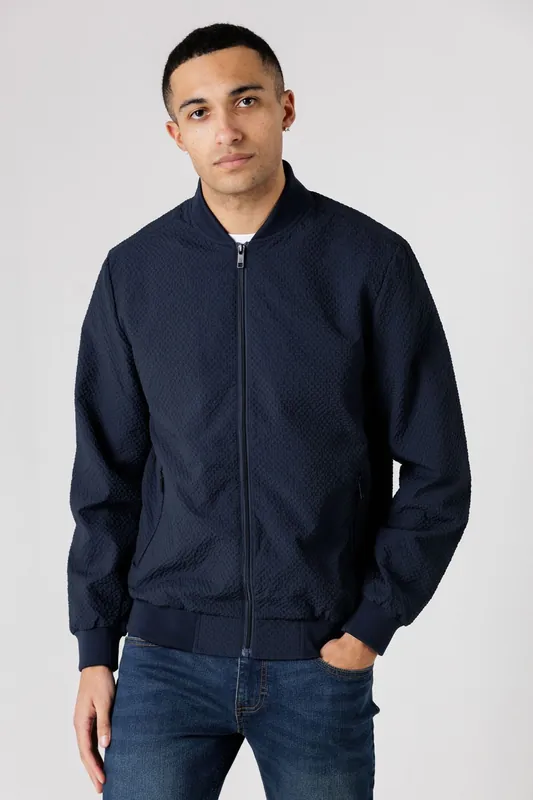Seersucker Bomber Jacket with Zip-Up and Side Pockets