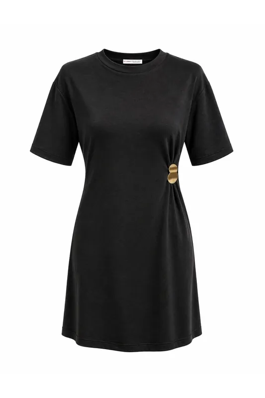 Crew Neck Mini T-Shirt Dress with Stone Accessory
