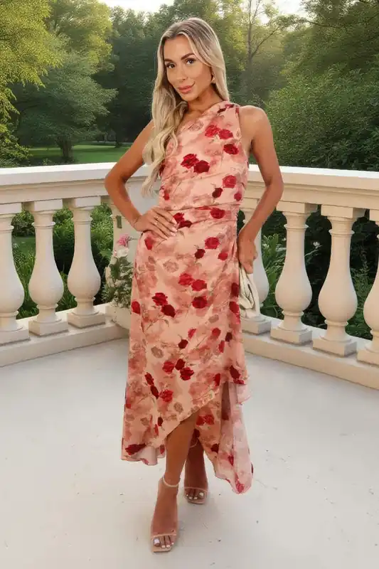 Blush Rose Print One Shoulder Dipped Hem Midi Dress - AX Paris