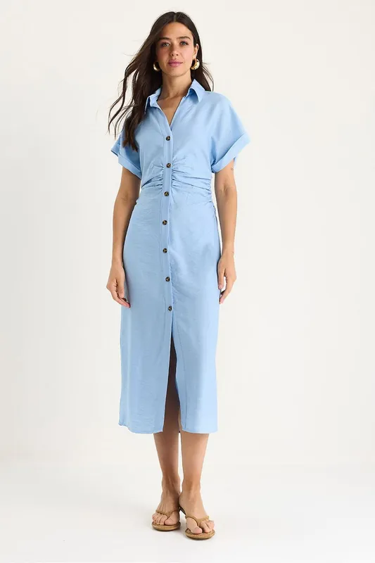 V-neck Midi Dress with Button Closure