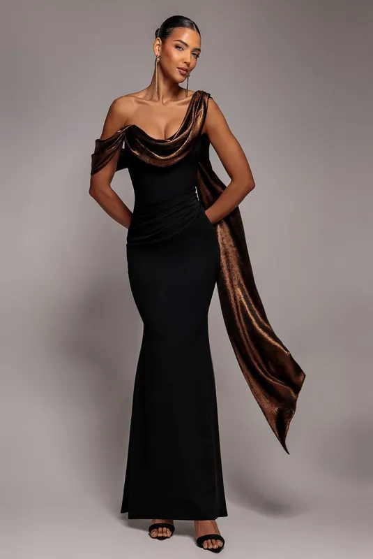 Foil Chiffon Cowl One Shoulder Cape Maxi Dress - Goddiva