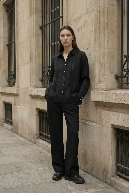 Textured Woven Long Sleeve Button-Up Shirt