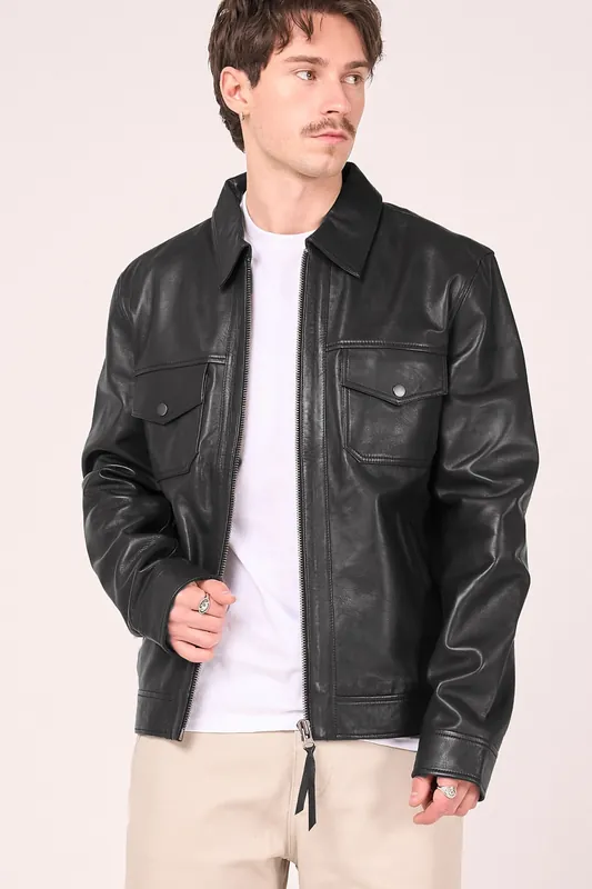 Real Leather Zipped Harrington Jacket - Barneys Originals
