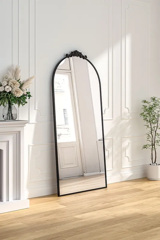80x180cm Rococo Black Metal Arch Full-Length Wall Mirror with Scroll & Acanthus Leaf Carvings