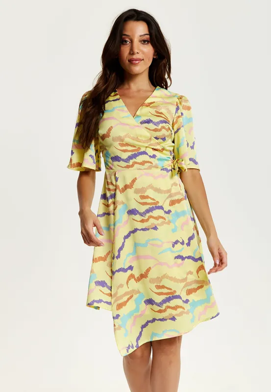 Mini Abstract Print Wrap Dress In Yellow - Liquorish