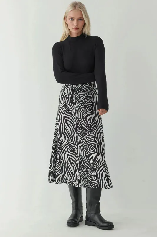 High Waist Zebra Print Midi Skirt - Hiccup
