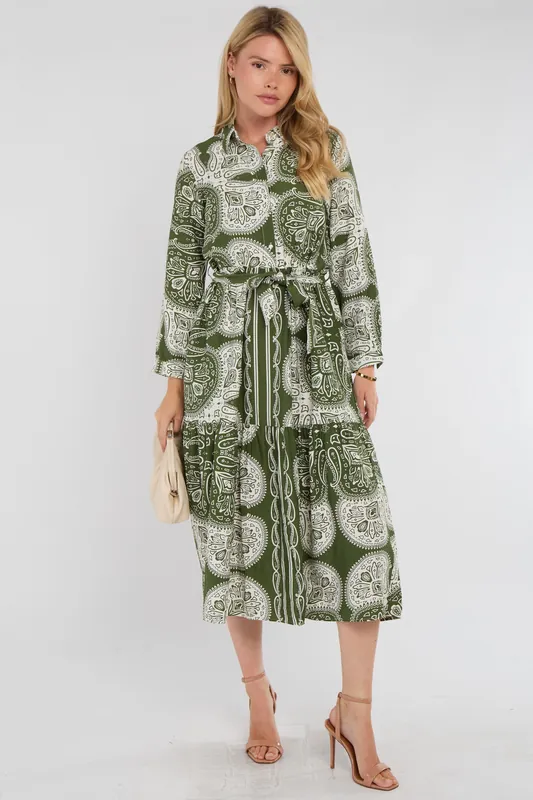Green Boho Paisley Tile Print Tiered Midi Shirt Dress - Love Sunshine