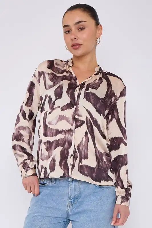 Grey Abstract Print Gold Foil Dotted Blouse - Love Sunshine