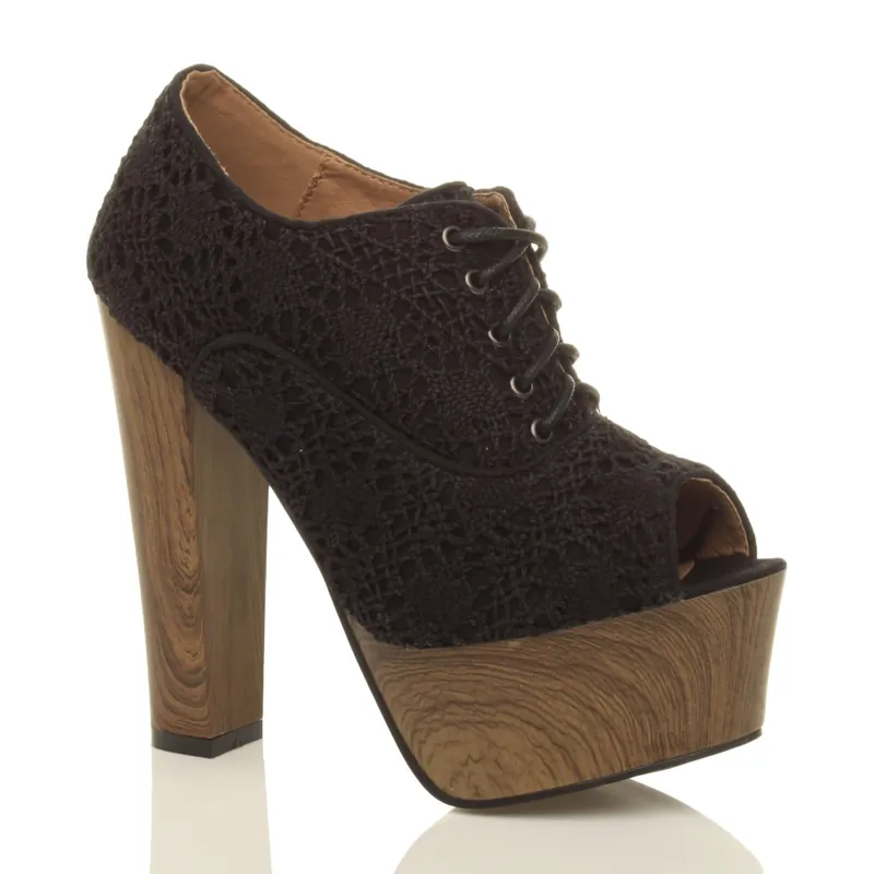 High Block Heel Crochet Lace Up Platform Peep Toe Shoe Boots - AJVANI