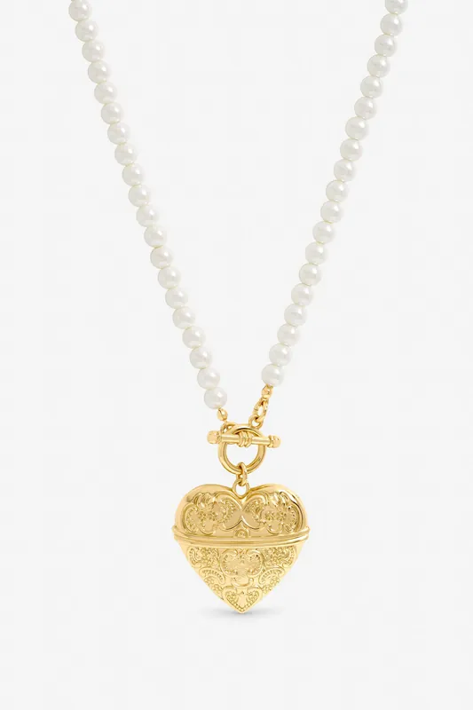 Gold Plated Engraved Heart and Pearl Necklace - Mood