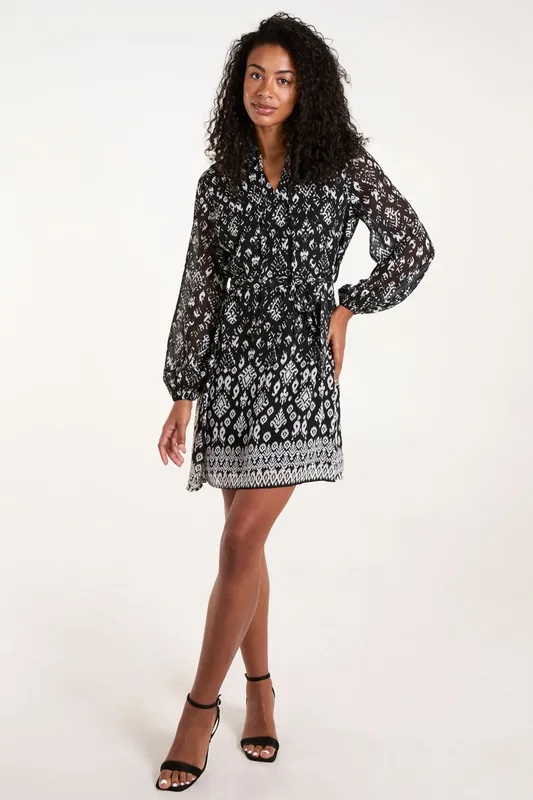 Tie Neck Belted Waist Smock Mini Dress - Blue Vanilla