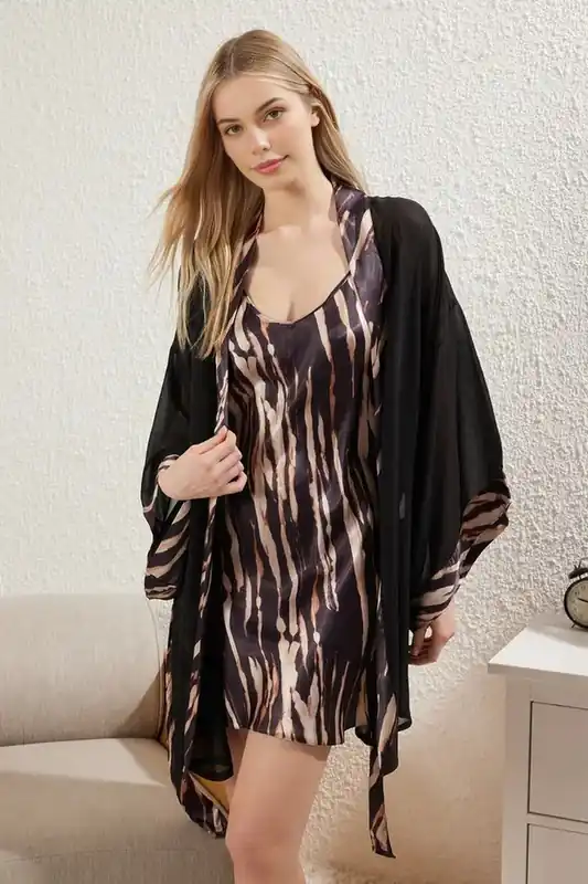 2 Piece Leopard Print Nightdress Set with Sheer Robe - WOVCOR
