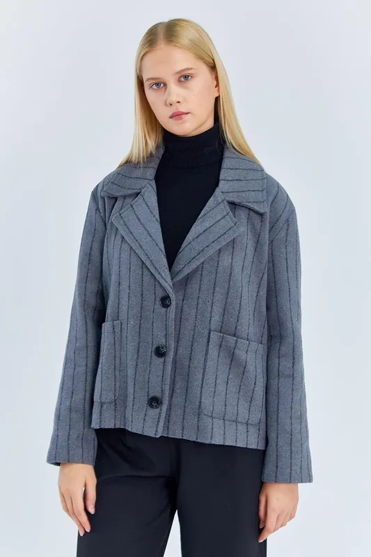Oversized Striped Buttoned Jacket - MixRay