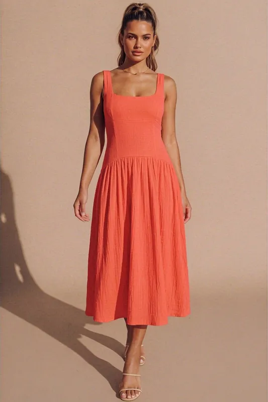 Coral Square Neck Drop Waist Midaxi Dress - Valentino