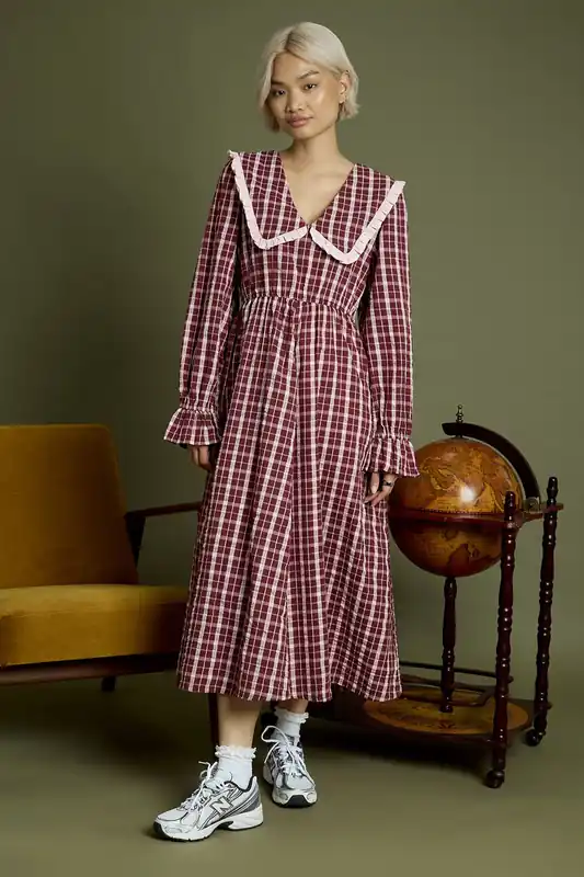 Cotton Check V-Neck Midi Tea Dress
