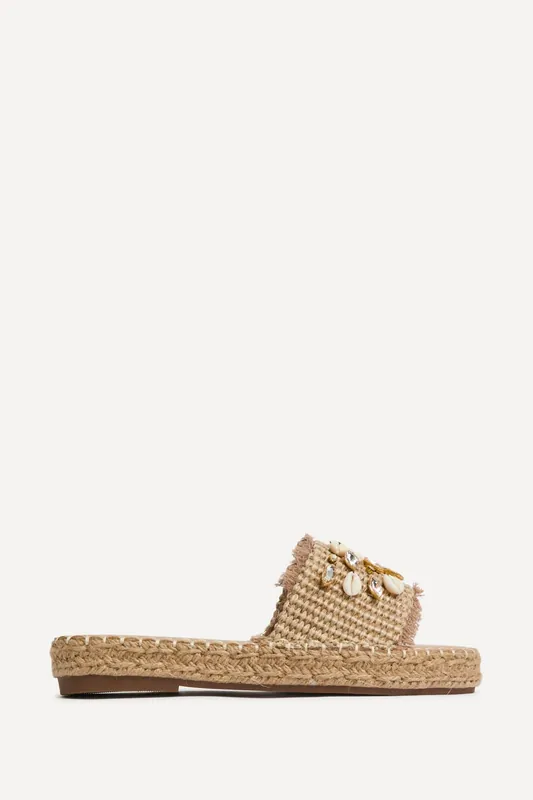 Seaside Mocha Raffia Embellished Sliders - Linzi