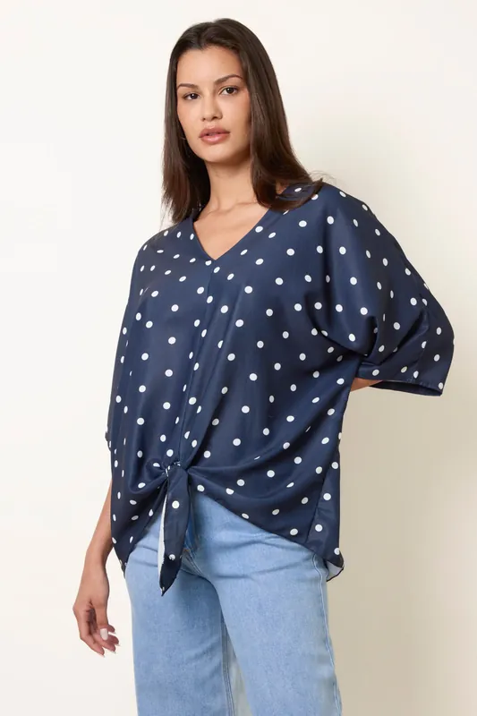 Navy Polka Dot Knot Front Top - Blue Vanilla