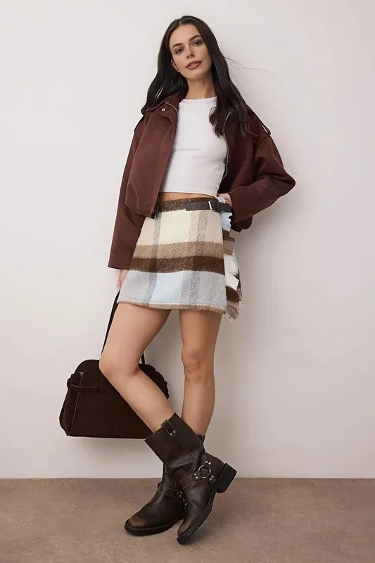 Argyle Woven Mini Skirt with Belt Detail - WOVCOR