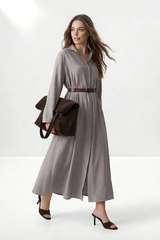 Belted Button Front Long Sleeve Midi Shirt Dress with Flowing - WOVCOR