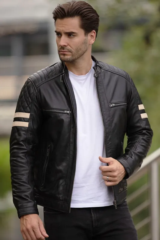 Nova' Ashwood Leather Contrasting Stripe Biker Jacket