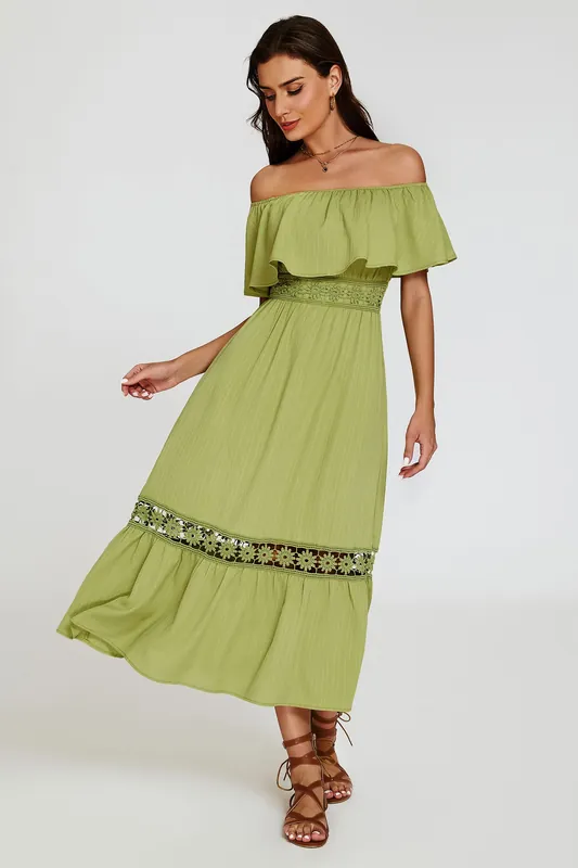 Lace Detail Bardot Maxi Dress In Green - FS Collection