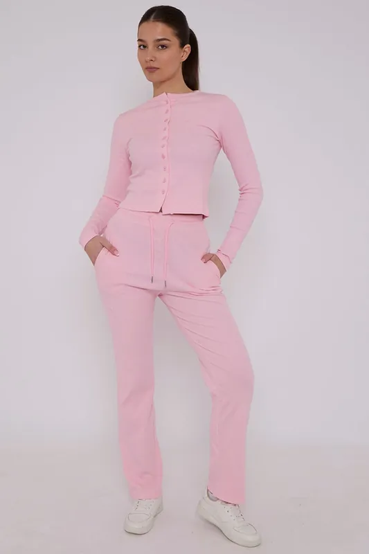 Ribbed Button Detail Crop Top and Wide Leg Trouser Co-ord