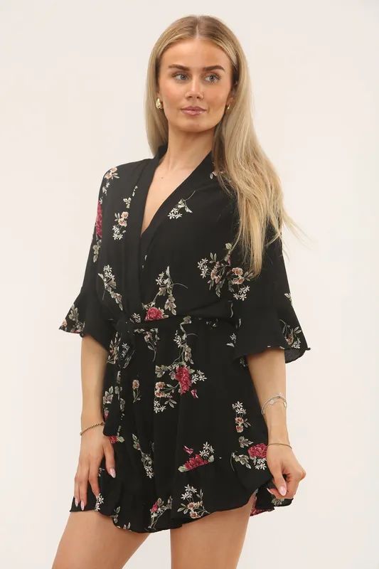 Black Floral Belted Playsuit - ELAINA FASHION