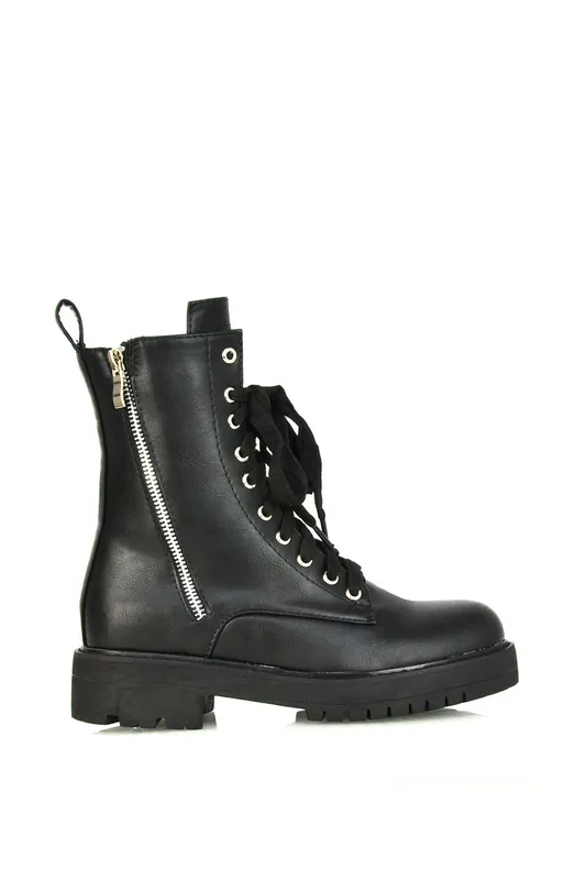 Bianca' Flat Combat Lace up Chunky Military Ankle Boots - XY London