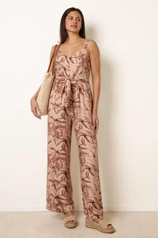 Light Brown Tie Front Jumpsuit - Blue Vanilla