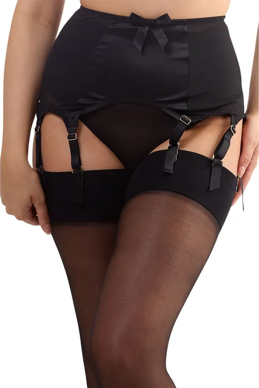 Black Satin 8 Strap Retro Everyday 'Suspender' - Bettie Page Lingerie