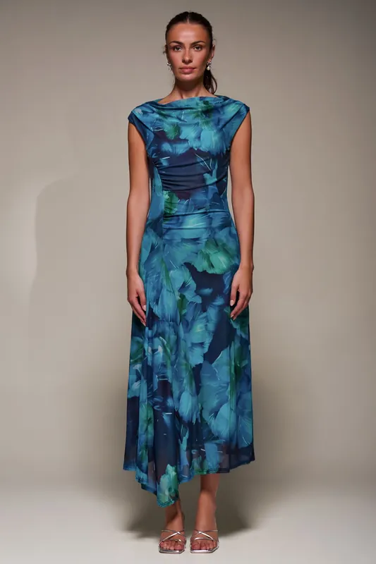 Slash Neck Ruched Mesh Maxi Dress - Jolie Moi