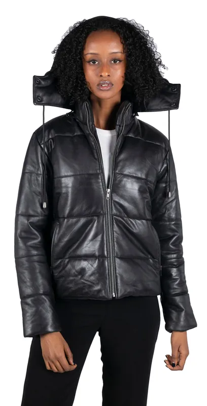 Short Hooded Leather Puffer Jacket - TruClothing