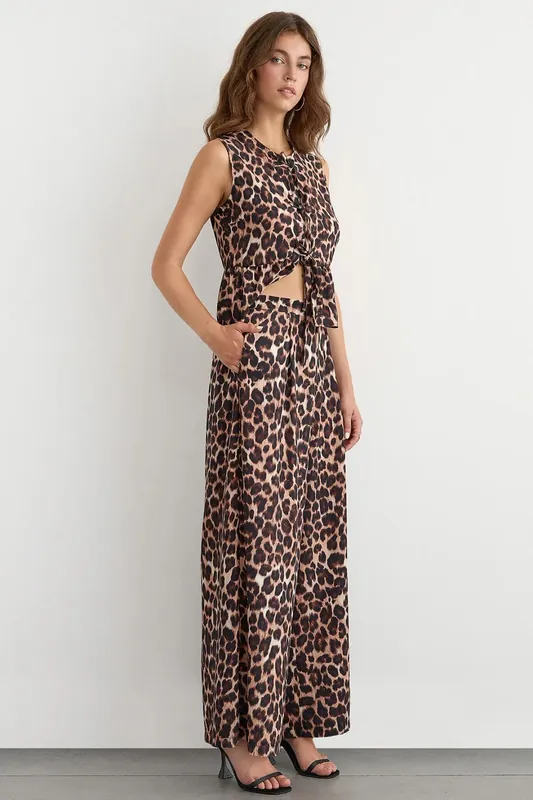 Mid-Rise Wide-Leg Animal Printed Pants with Drawstring