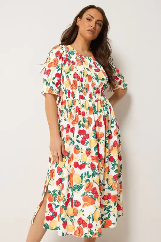 Shirred Fruit Print Dress - Yours