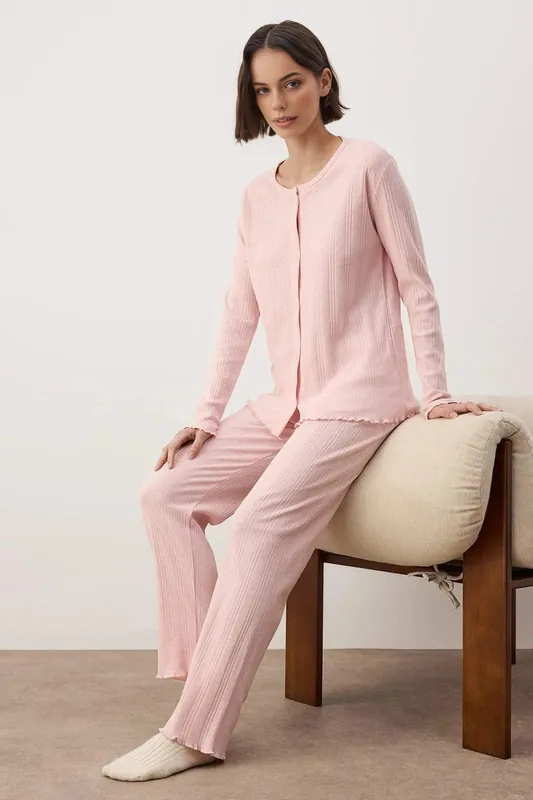 Button Through Pointelle Ribbed Long Sleeve Knit Pyjama Set - WOVCOR
