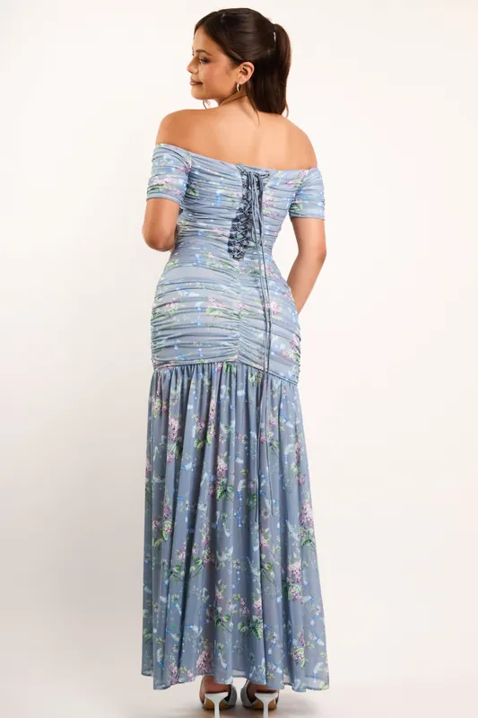 Alisa Blue Floral Off The Shoulder Corset Maxi Dress - Jaded Rose