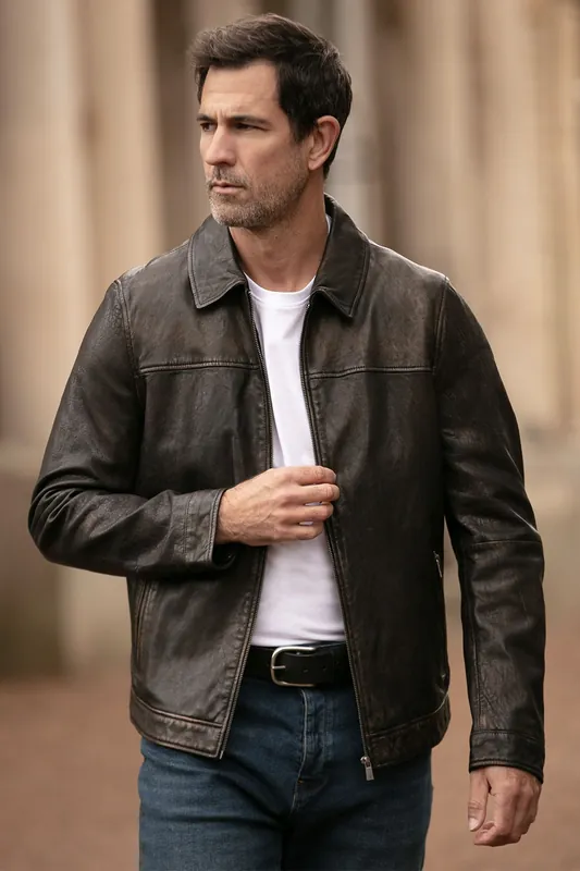 AMJ-9' Real Leather Brando Collar Jacket
