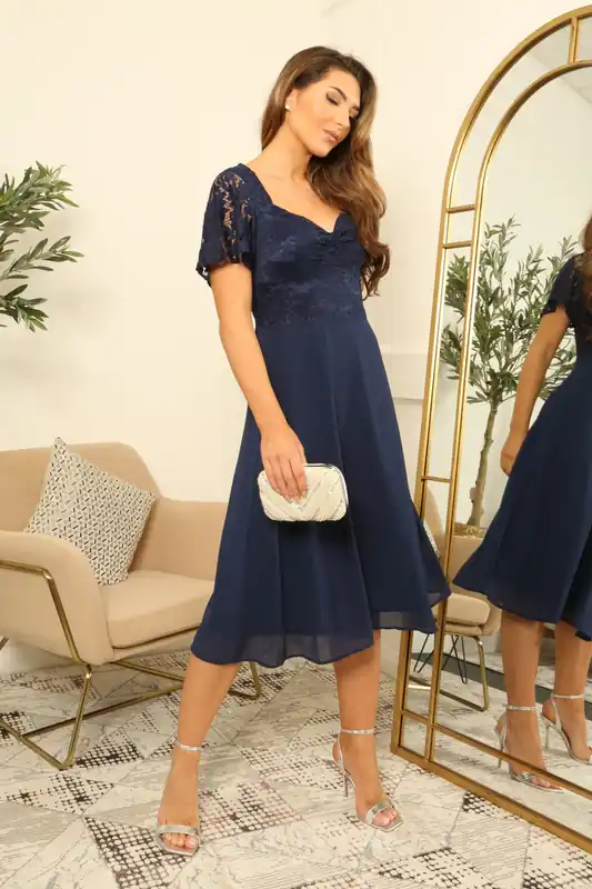 Sweetheart Neck with Short Sleeve Midi Dress - DOUBLE SECOND