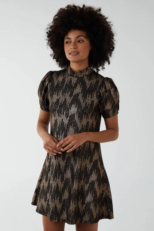 Foil Zig Zag Puff Sleeve Swing Dress - Blue Vanilla