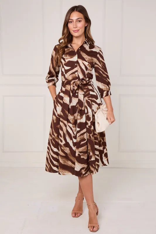 Brown Brushstroke Print Half Sleeve Midi Shirt Dress - Love Sunshine