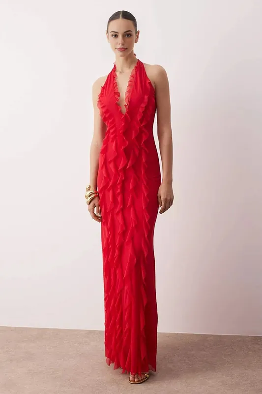 Tulle Ruffled Lined Halter Neck Maxi Evening Dress - WOVCOR
