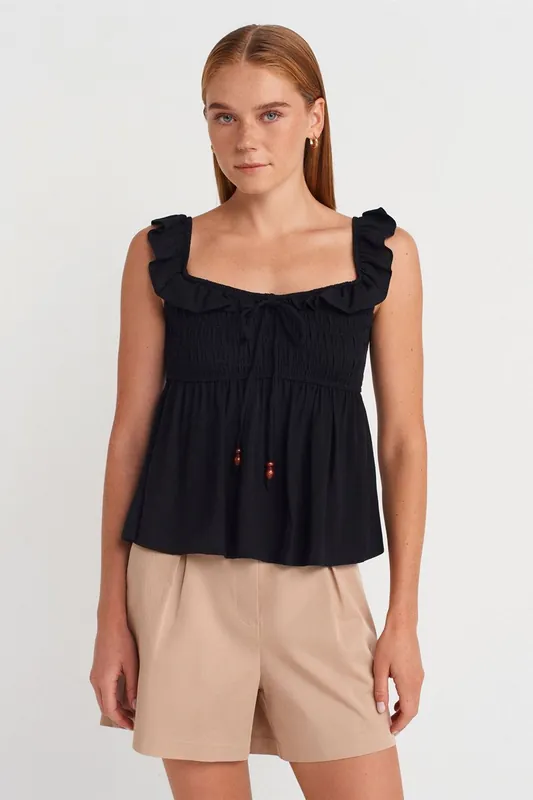 Sleeveless Square-neck Blouse With Tie Front