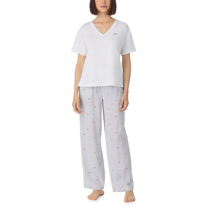 Short sleeve top and pant sleep set in white and white logo stripe - DKNY