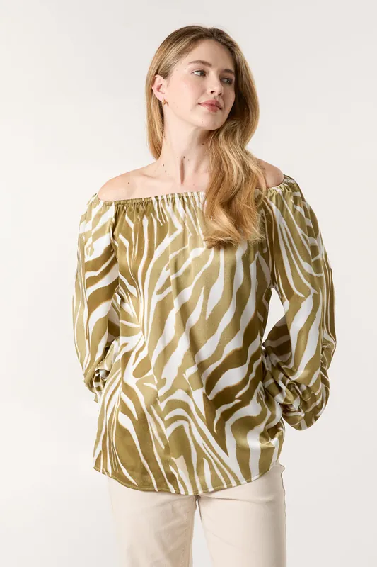White Zebra Satin Ruched Bardot Top - Blue Vanilla