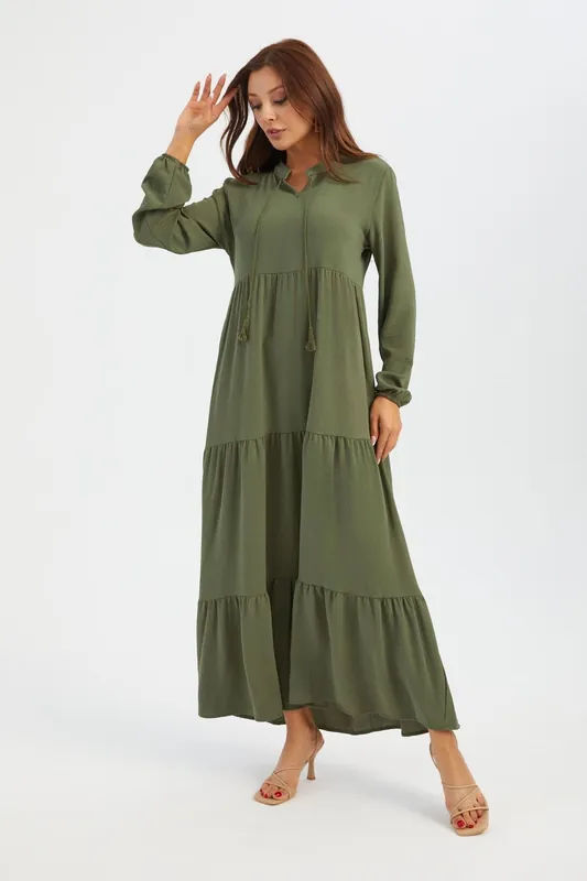 High Neck Tie Front Tiered Long Sleeve Maxi Dress - Hiccup
