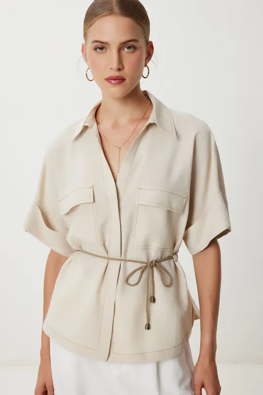 Loose Fit Drawstring Shirt with Binding Detail - Happiness Istanbul